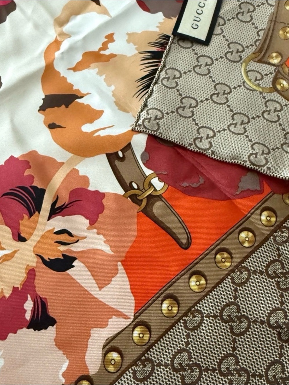 Gucci Floral Silk Scarf in Orange, Pink and Brown